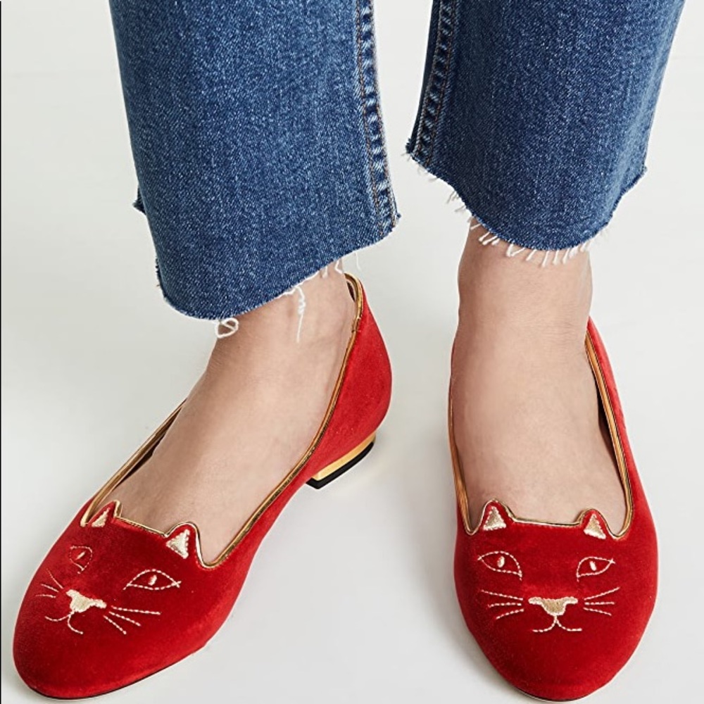 Charlotte Olympia Red Velvet Kitty Flats